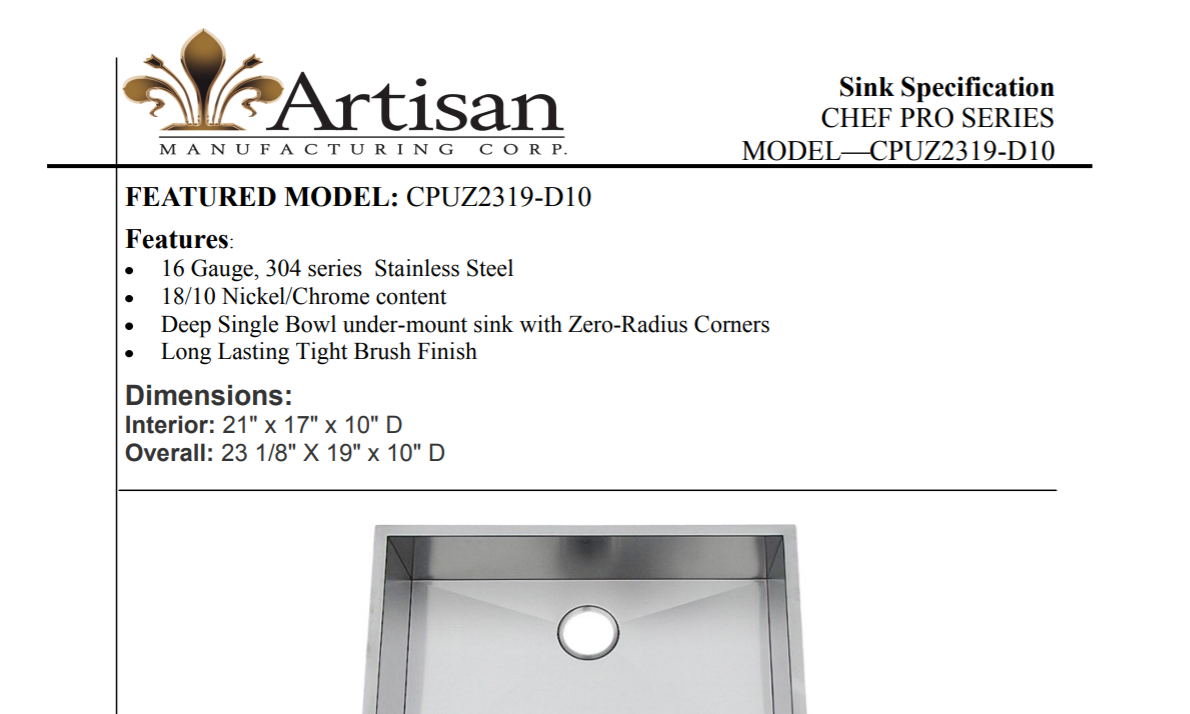 Artisan CPUZ2319-D10 Chef Pro Single Basin Undermount Kitchen Sink, Stainless Steel