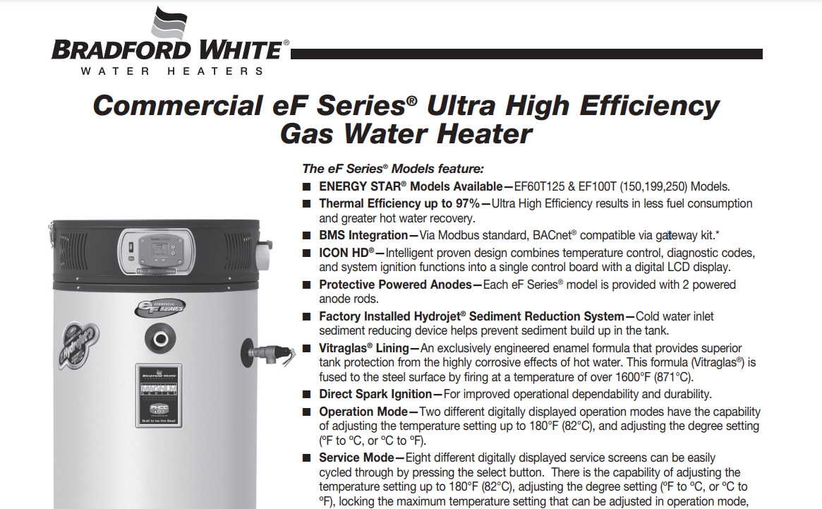 Bradford White LG2100H-80-3N $4,040 / 100 Gallon 80,000 BTU Light