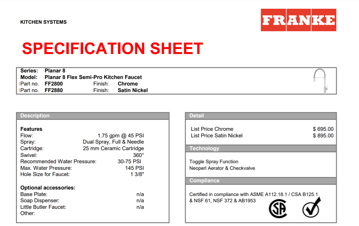 Franke FF2800 Semi-Pro High-Arc Pull-Down Single Handle Kitchen Faucet,  Chrome