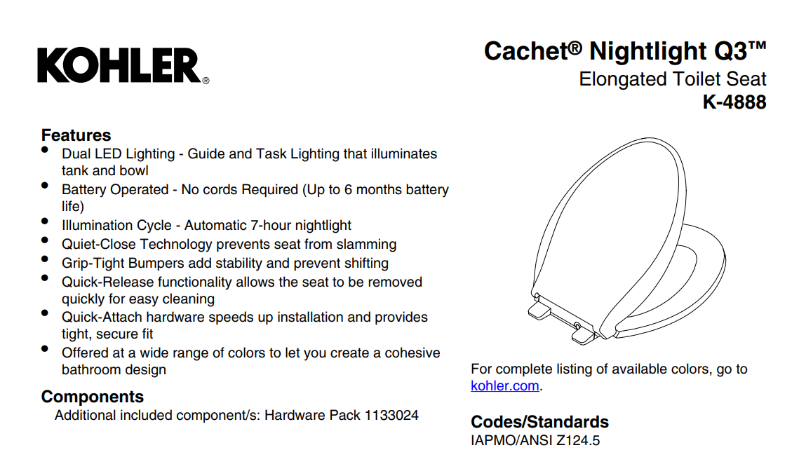 Kohler K-4986-0 Cachet Nightlight Quiet-Close with Grip-Tight Bumpers  Round-front Toilet Seat, White