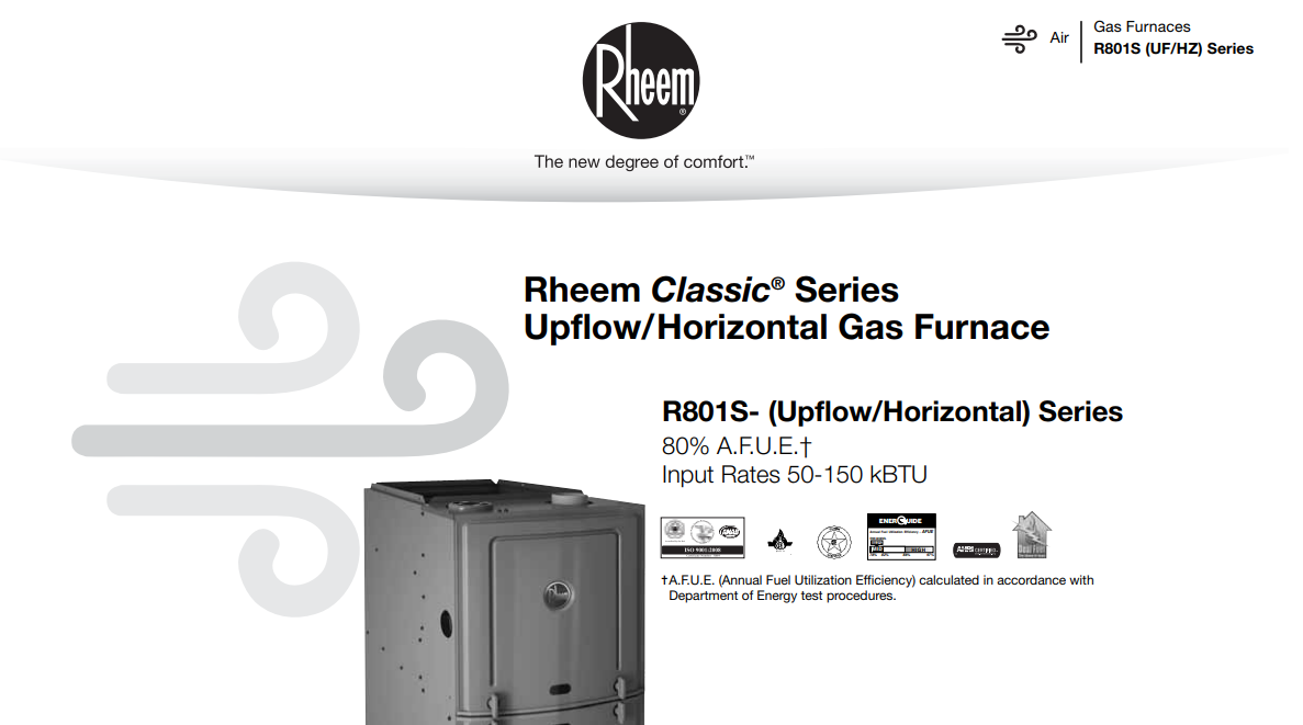 Rheem R801SA125524MSA 24-1/2 in. 125000 BTU 80% AFUE 5 Ton Single-Stage  Upflow and Horizontal 3/4 hp Natural or Propane Furnace